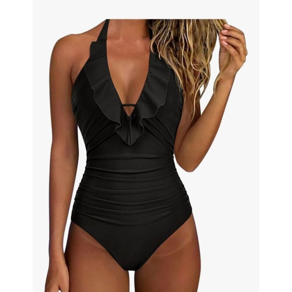Suuksess Women’s Large Black Ruffle Halter One-Piece Swimsuit V -Neck Sexy Beach